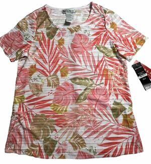 Rebecca Malone Women’s Multicolor Boat Neck Floral Tee Shirt Side Buttons Small